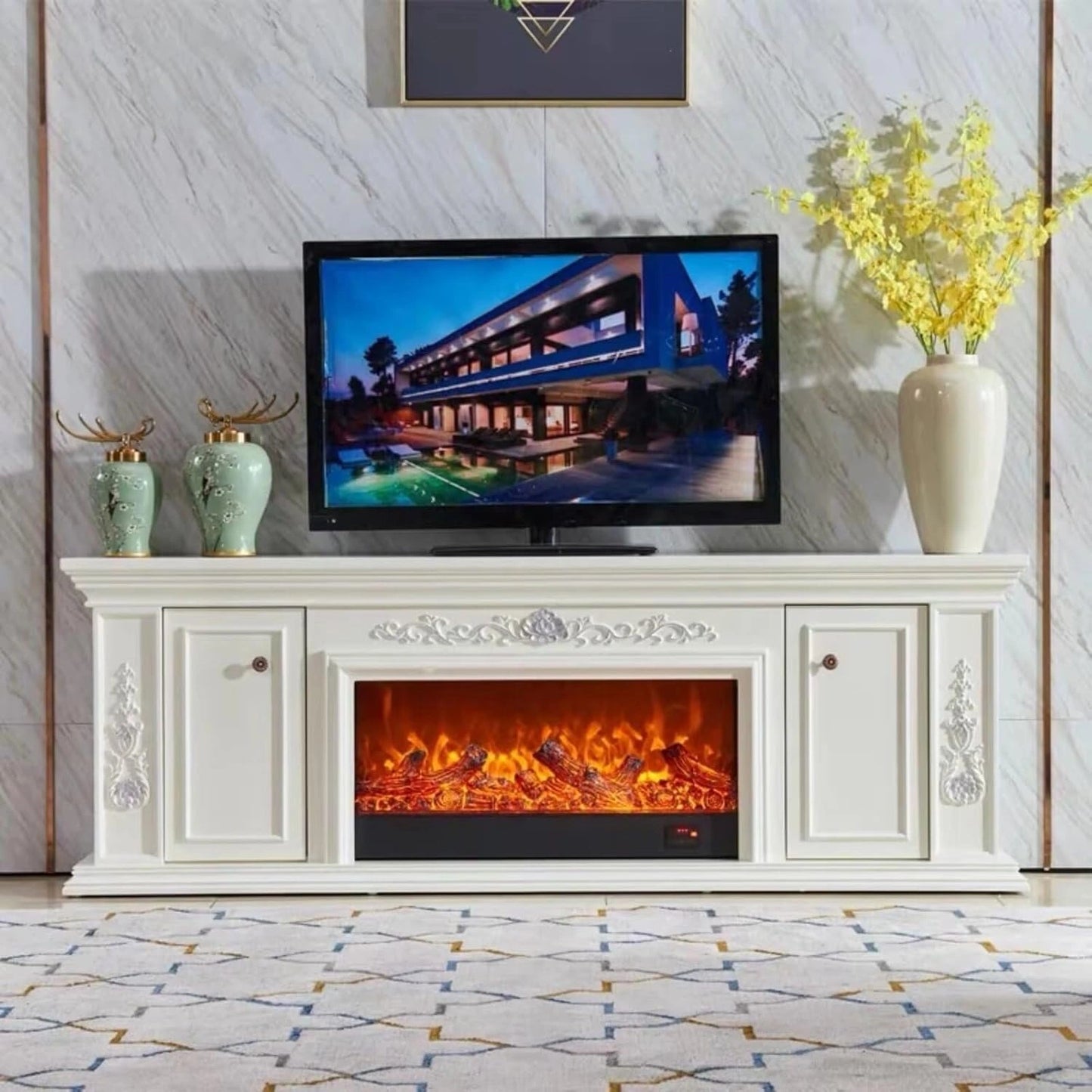 Aihm-Lon Freestanding Electric Fireplace with Classic Carving Faux Flame 79”