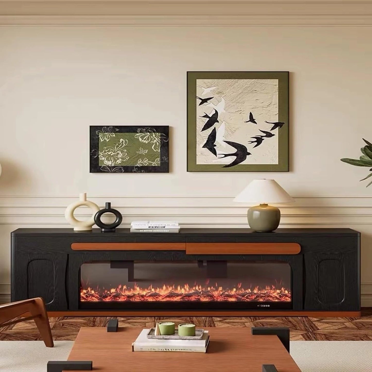 Aihm-Lon Retro Electric Fireplace in Black and Brown Color with Drawers 71”-87”