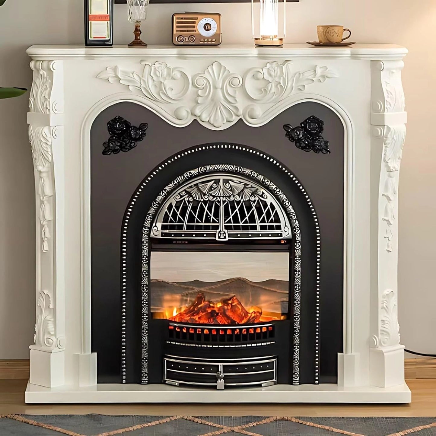Aihm-Lon Modern Electric Fireplace with White Luxurious Carved Design 43”-59”