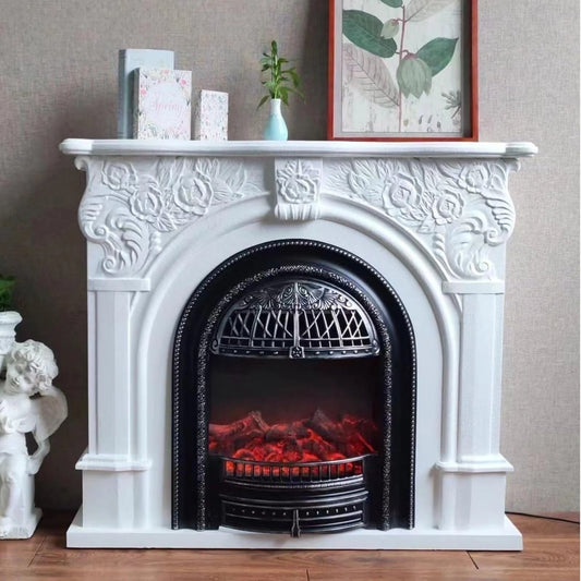 Aihm-Lon Vintage Electric Fireplace with Real Flame Insert and White Carved 47”