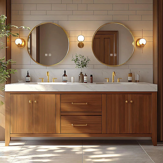 72"-96" Retro Bathroom Vanity with Double Sinks Includes Round Mirror