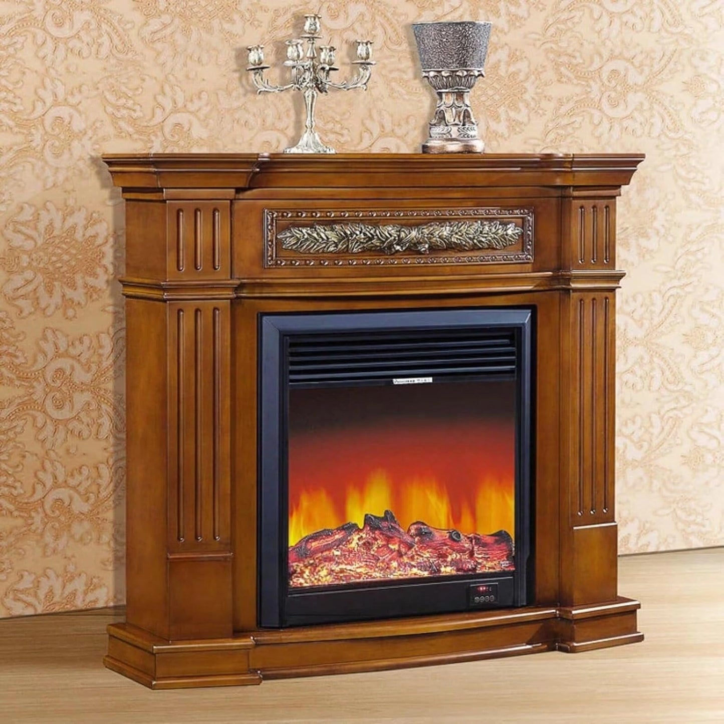 Aihm-Lon Brown Electric Fireplace Includes Ornate Carved Detail 47”