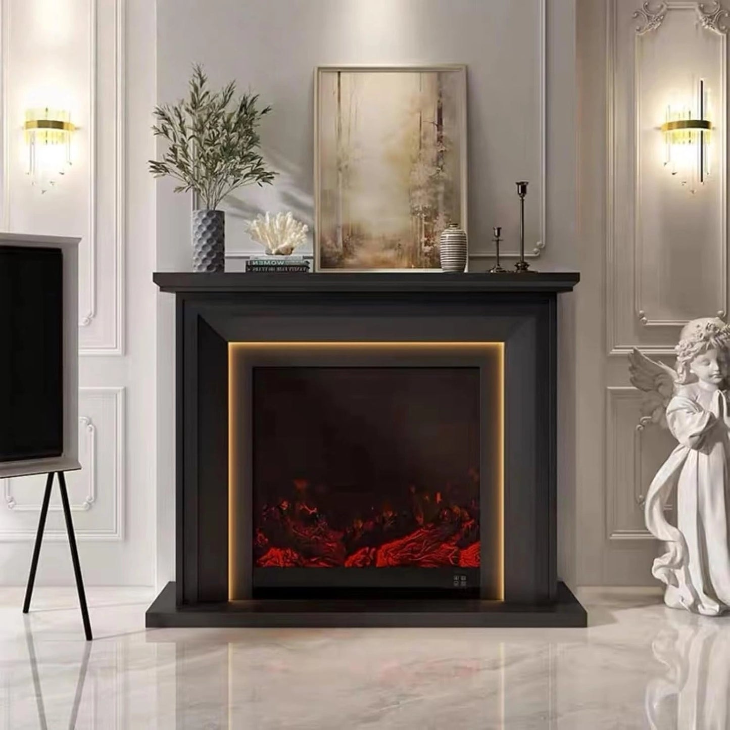 Aihm-Lon Black Electric Fireplace with Spacious Smooth Mantel 47”-59”