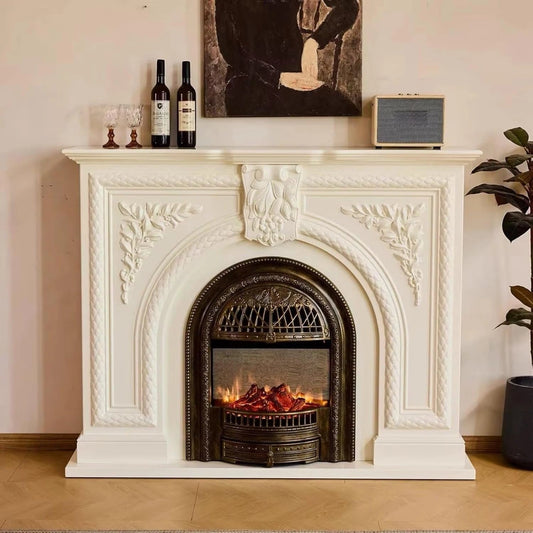 Aihm-Lon White Electric Fireplace Solid Wood Cabinet with Real Flame Insert 47”-59”