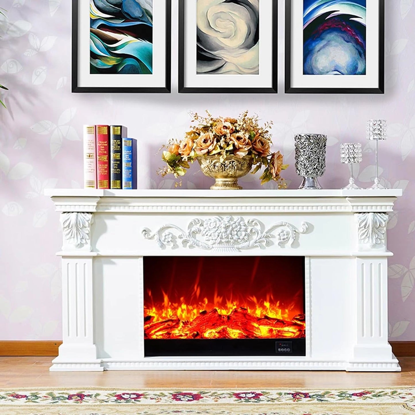 Aihm-Lon Spacious Electric Fireplace Includes White Carving & Column 59”