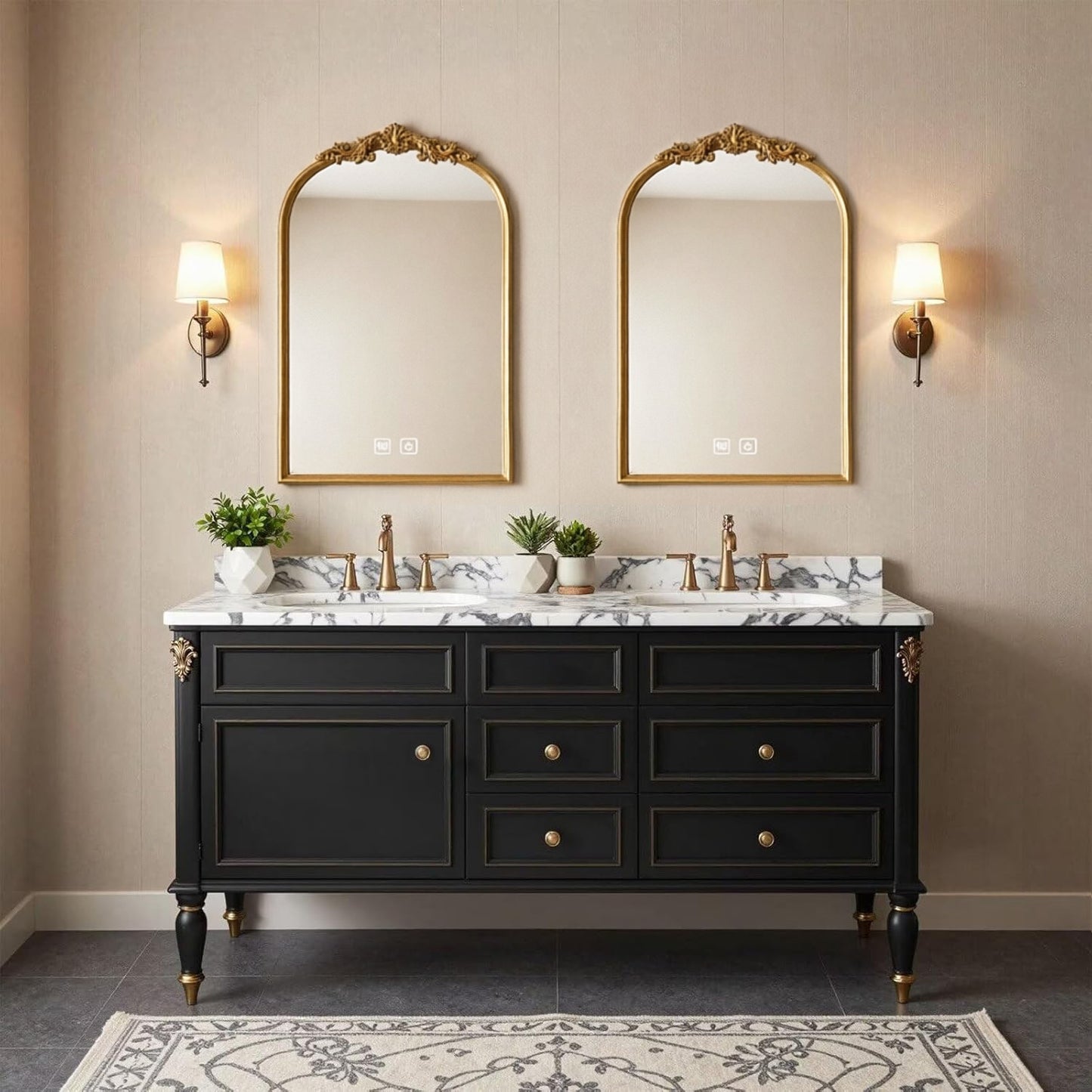 60"-96"Black Double Sink Bathroom Vanity with Marble Top & Gold Accents