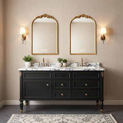 60"-96"Black Double Sink Bathroom Vanity with Marble Top & Gold Accents