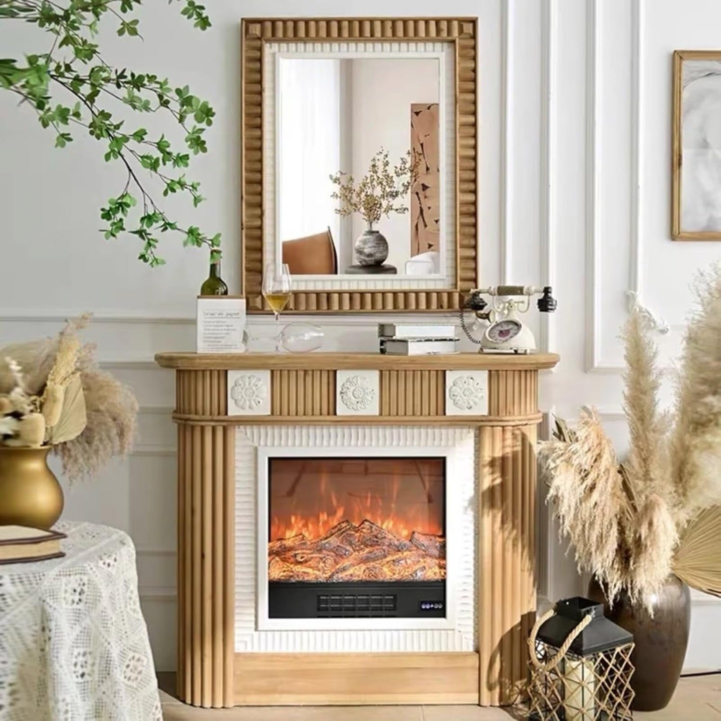 Aihm-Lon Brown Electric Fireplace Retro 3D Relief 47”