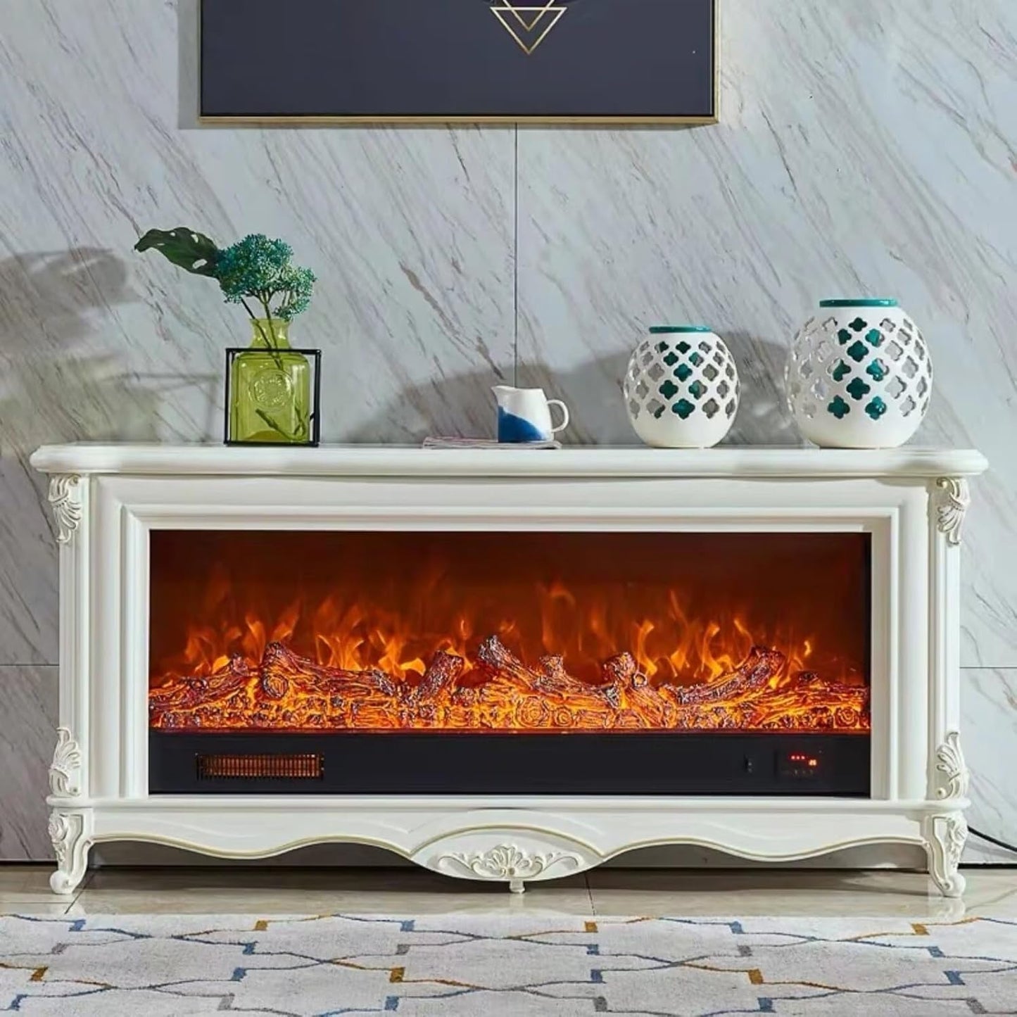 Aihm-Lon Electric Fireplace White Wavy Large TV Stand 59”