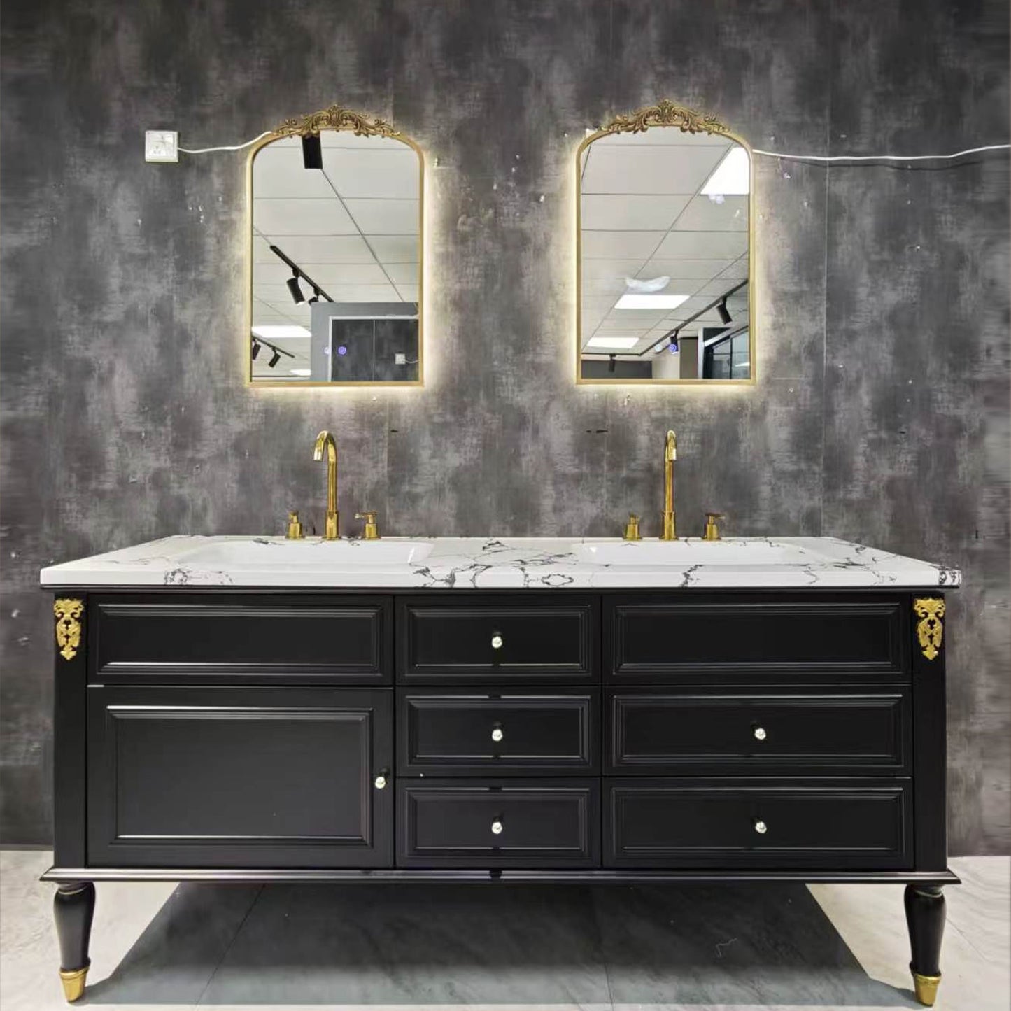 60"-96"Black Double Sink Bathroom Vanity with Marble Top & Gold Accents