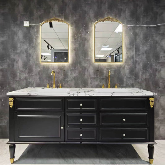 60"-96"Black Double Sink Bathroom Vanity with Marble Top & Gold Accents