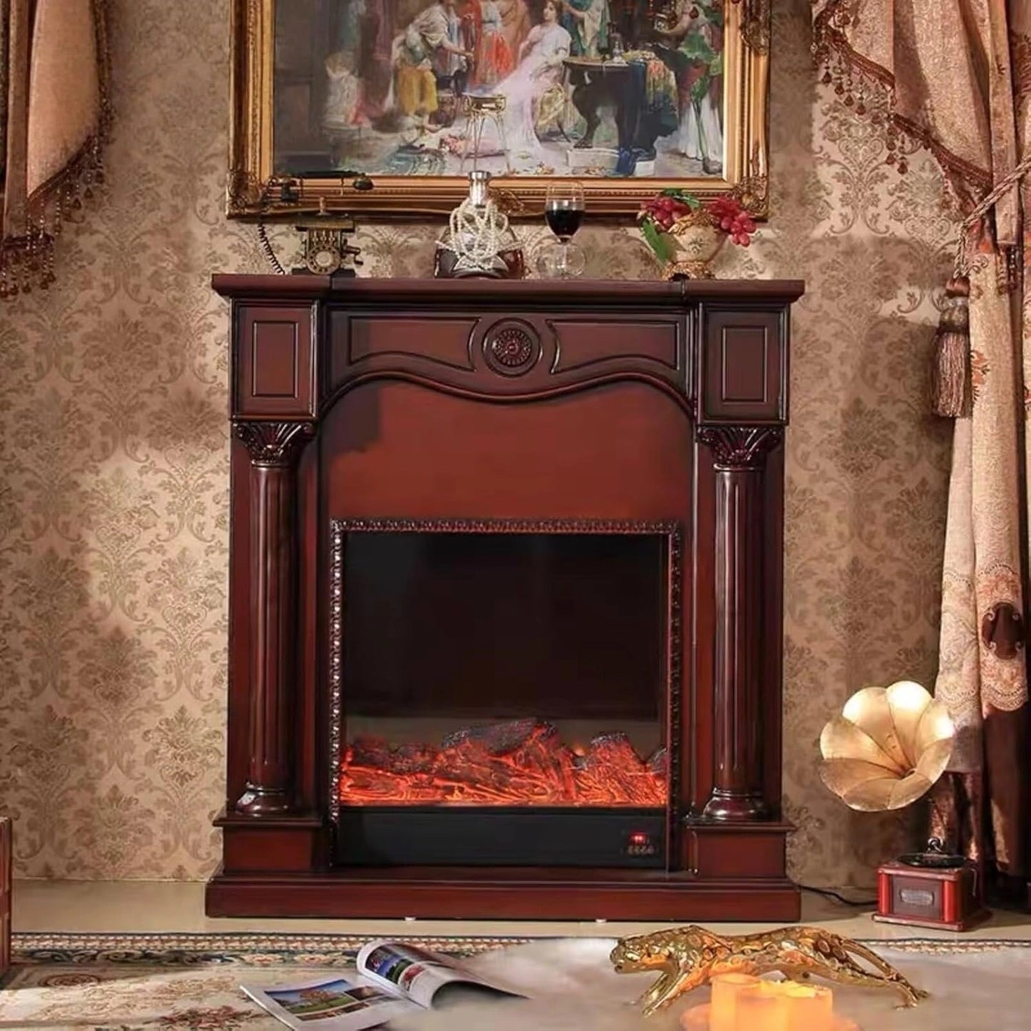 Aihm-Lon Brown Electric Fireplace with Faux Flame and 3D Engraving 43”