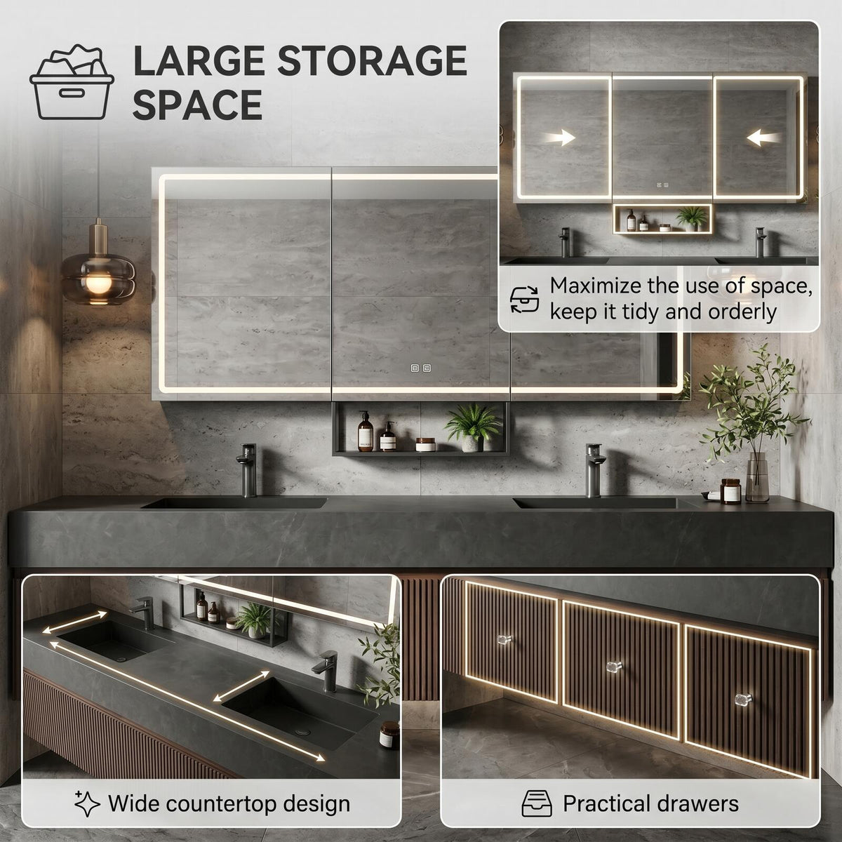 60''-96'' Double Bathroom Vanity with Sink Modern Floating Dark Stone Slatted Front Panel