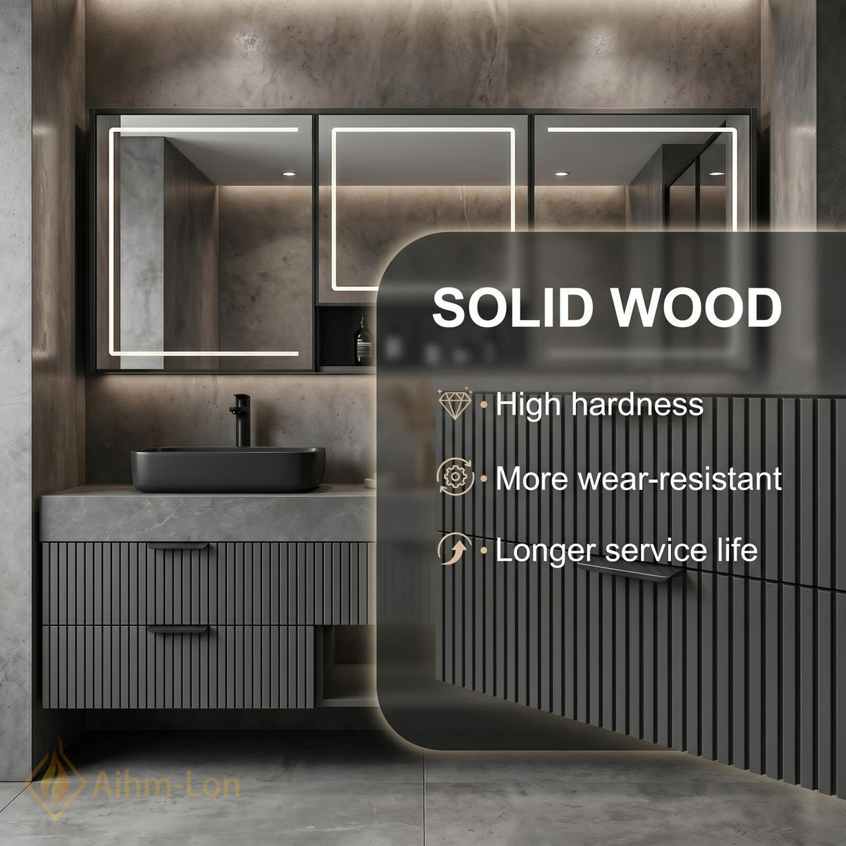 60''-96'' Double Bathroom Vanity with Sink Grey Stone Ribbed Panels Central Shelf