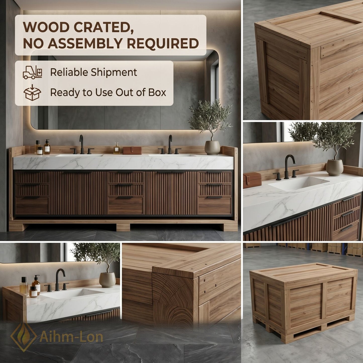 70''-96'' Double Bathroom Vanity with Sink White-Marble White Modern Slatted Design Vented
