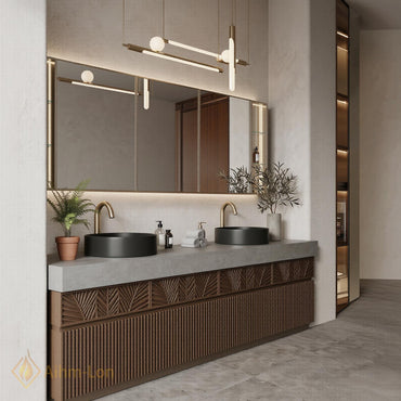 60''-96'' Double Bathroom Vanity with Sink Carved Leaf Drawers Dark Wood Rustic Tone