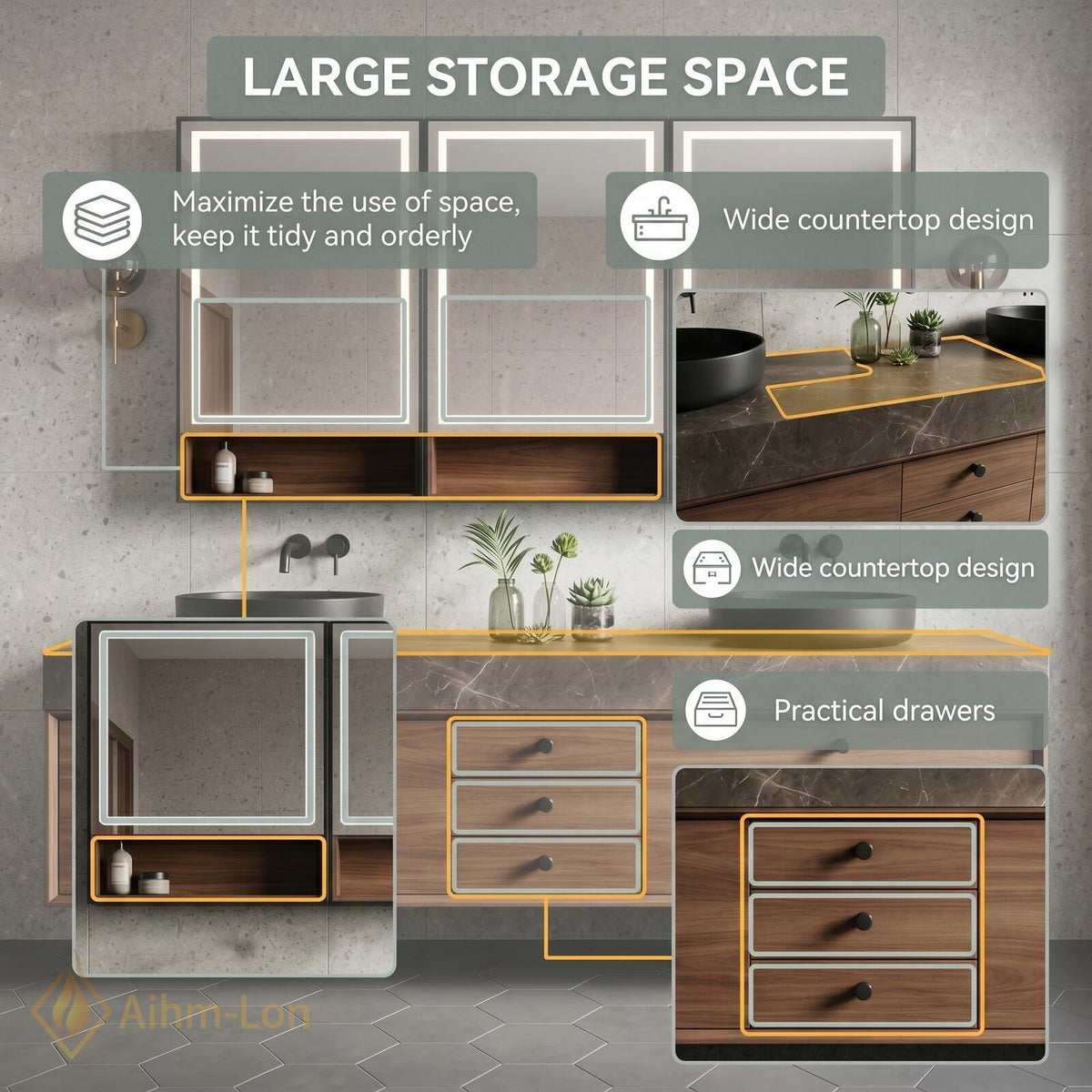 60''-96'' Double Bathroom Vanity with Sink Modern Floating Walnut Wood Stone-Top Spacious