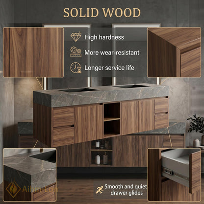 72''-96'' Double Bathroom Vanity with Sink Dark-Walnut Modern Floating Basin Open