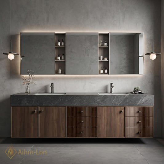60''-96'' Double Bathroom Vanity with Sink Modern Floating Dark Stone Top Ribbed