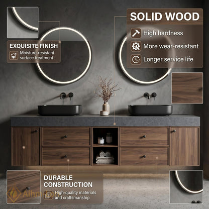 60''-96'' Double Bathroom Vanity with Sink Warm-Walnut Wood Modern Floating Grain