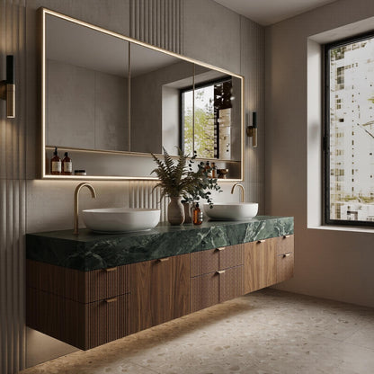 60''-96'' Double Bathroom Vanity with Sink Modern Refined Green Marble Top Slatted Wood Base