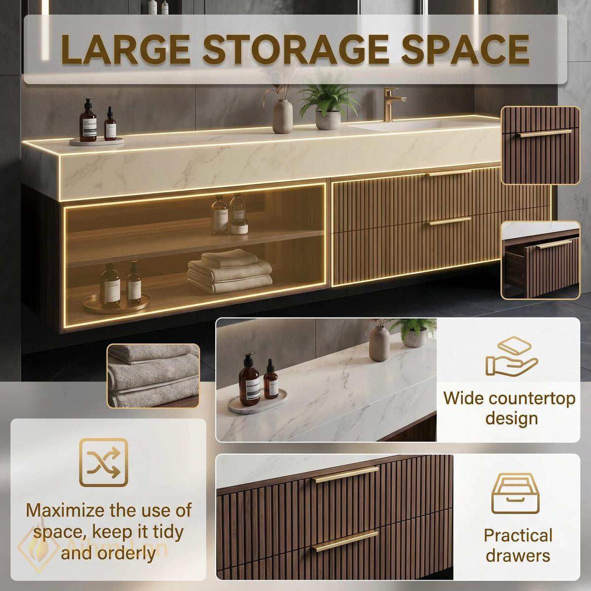 60''-96'' Modern Bathroom Vanity with Sink Slatted Dark Walnut Finish Open Shelving