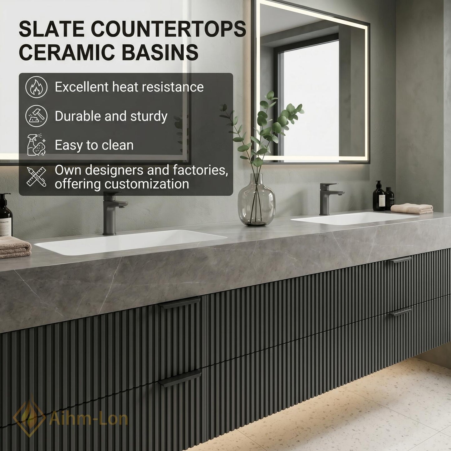 60''-96'' Double Bathroom Vanity with Sink Grey Modern Floating Fluted Drawer Top