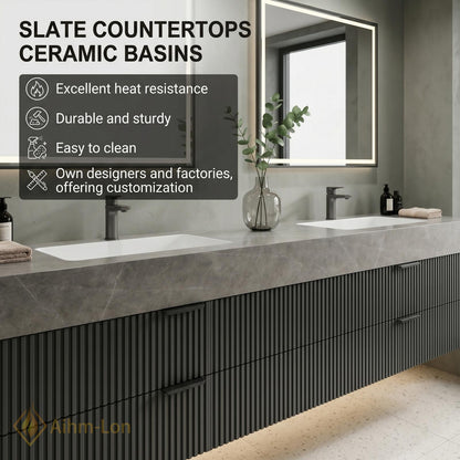 60''-96'' Double Bathroom Vanity with Sink Grey Modern Floating Fluted Drawer Top