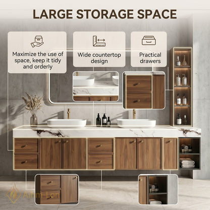 78''-96'' Double Bathroom Vanity with Sink Marble Style Top Warm Wood Finish
