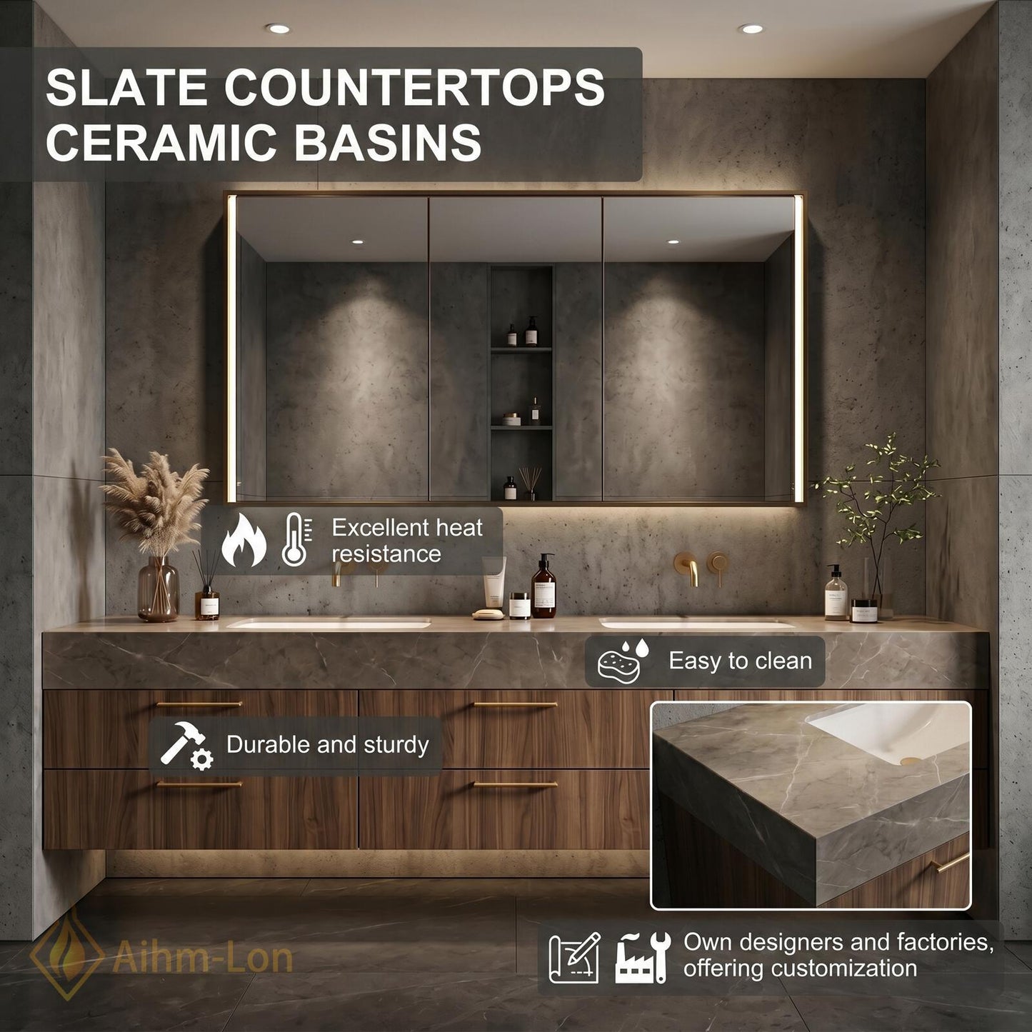 60''-96'' Double Bathroom Vanity with Sink Dark-Walnut Floating Slatted Center Panel
