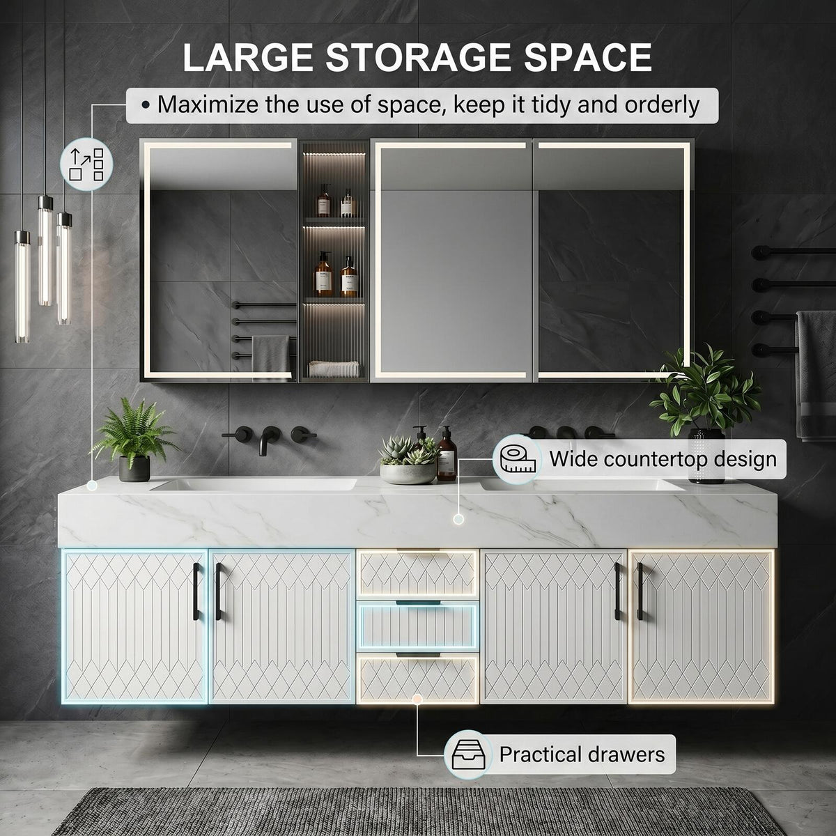 60''-96'' Double Bathroom Vanity with Sink Modern Floating Geometric Panel Marble-Style Top