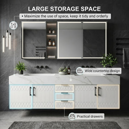 60''-96'' Double Bathroom Vanity with Sink Modern Floating Geometric Panel Marble-Style Top