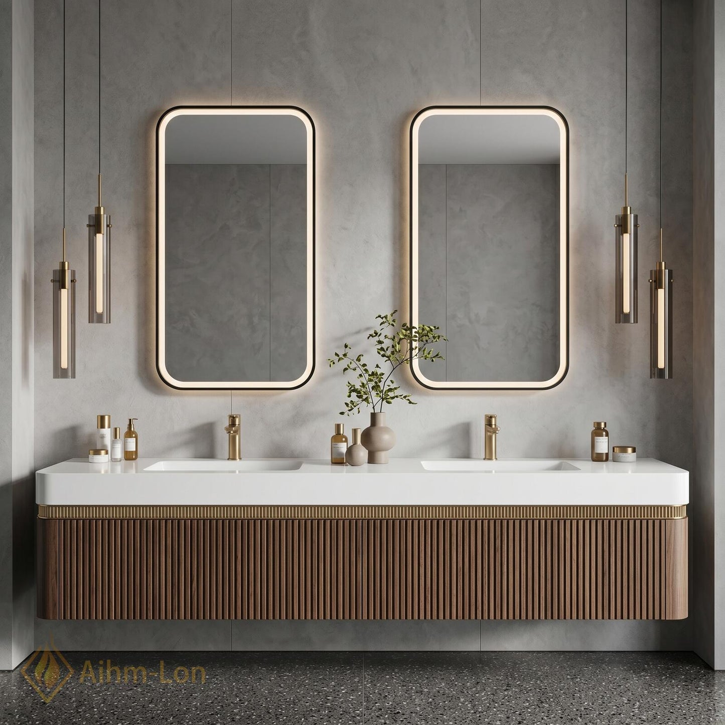 60''-96'' Double Bathroom Vanity with Sink Dark-Walnut Floating Slatted-Panel Open