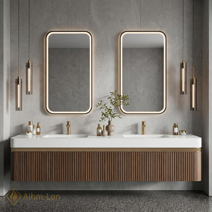 60''-96'' Double Bathroom Vanity with Sink Dark-Walnut Floating Slatted-Panel Open