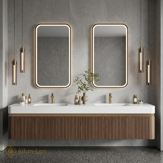 60''-96'' Double Bathroom Vanity with Sink Dark-Walnut Floating Slatted-Panel Open