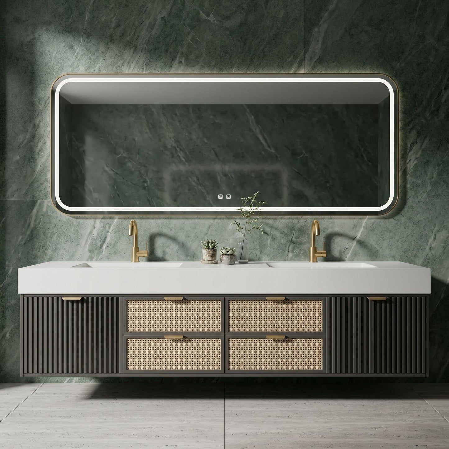 60''-96'' Double Bathroom Vanity with Sink Rattan Front Drawers Slat Panel Gold Pulls