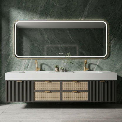 60''-96'' Double Bathroom Vanity with Sink Rattan Front Drawers Slat Panel Gold Pulls
