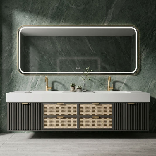 60''-96'' Double Bathroom Vanity with Sink Rattan Front Drawers Slat Panel Gold Pulls