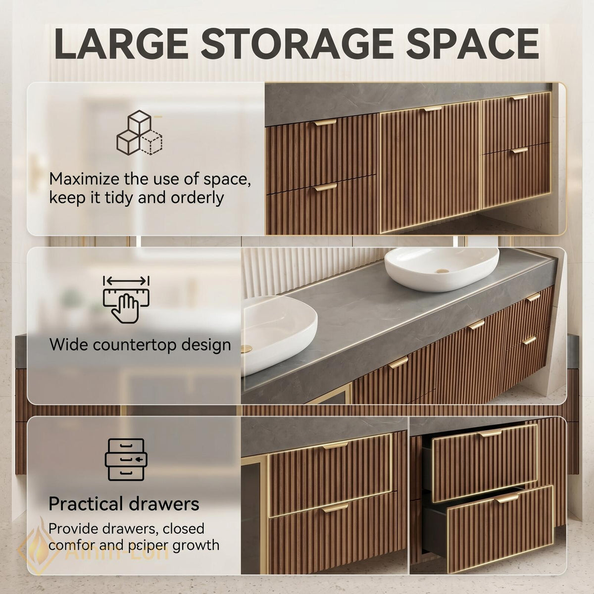 60''-96'' Double Bathroom Vanity with Sink Fluted Wood Doors Grey Stone Top