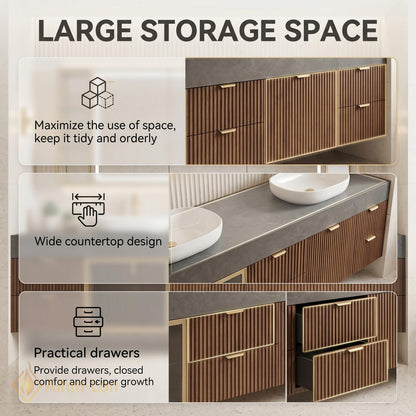 60''-96'' Double Bathroom Vanity with Sink Fluted Wood Doors Grey Stone Top