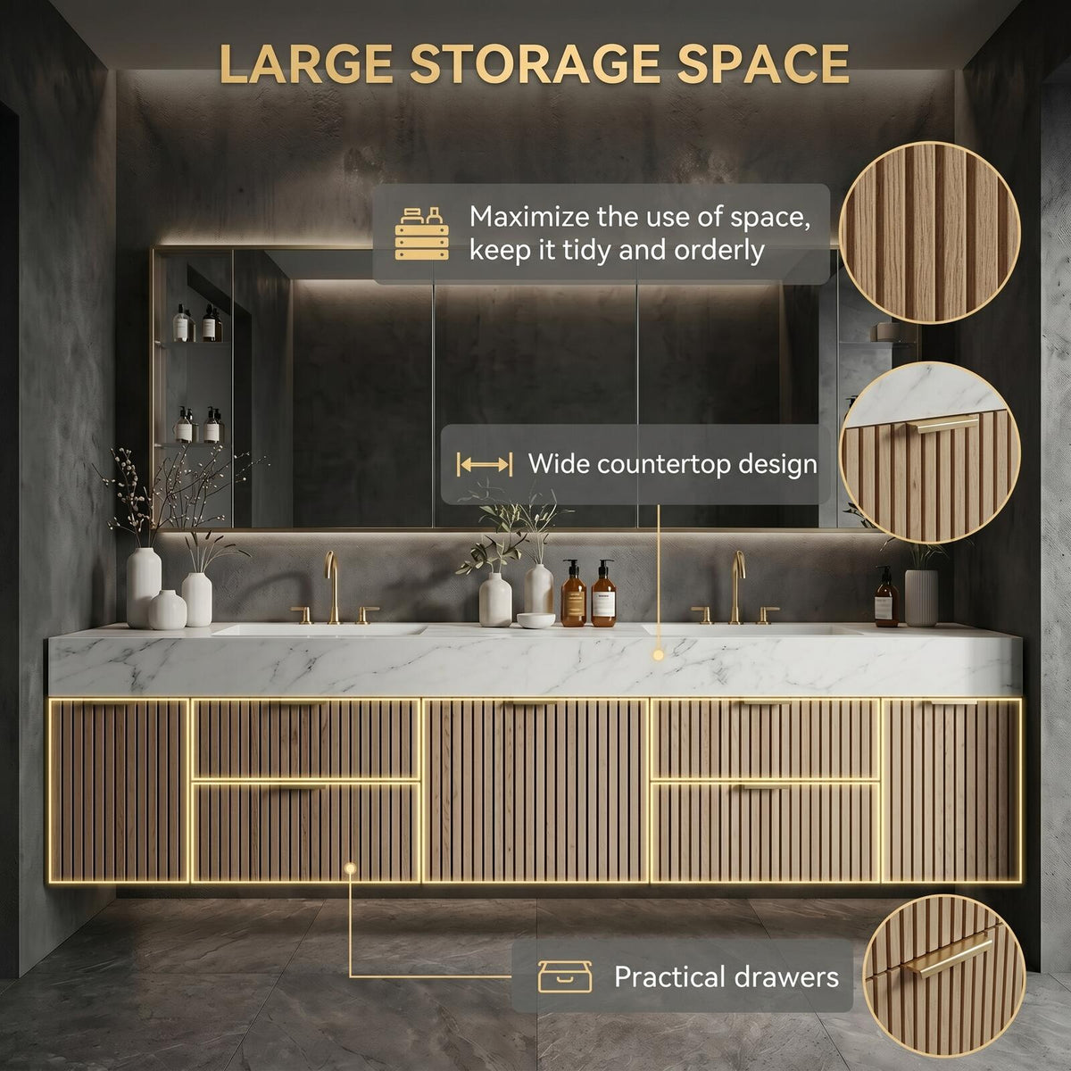 60''-96'' Double Bathroom Vanity with Sink Floating Warm Oak Slatted Finish Open Shelving