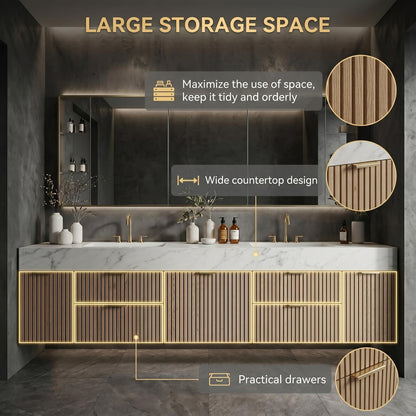 60''-96'' Double Bathroom Vanity with Sink Floating Warm Oak Slatted Finish Open Shelving