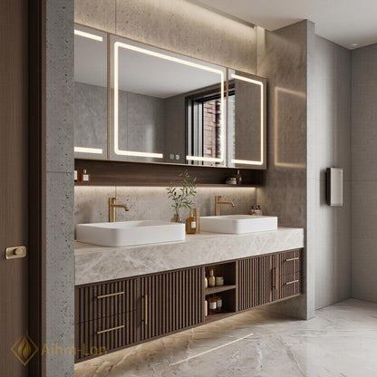 60''-96'' Double Bathroom Vanity with Sink Dark Walnut Slatted Center Panel Drawers