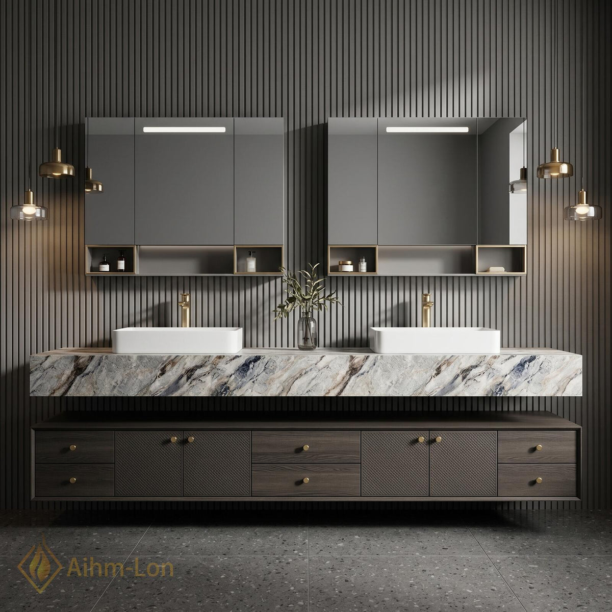76''-96'' Double Bathroom Vanity with Sink Marble Top Glass Mirror Cabinets Storage