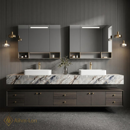 76''-96'' Double Bathroom Vanity with Sink Marble Top Glass Mirror Cabinets Storage