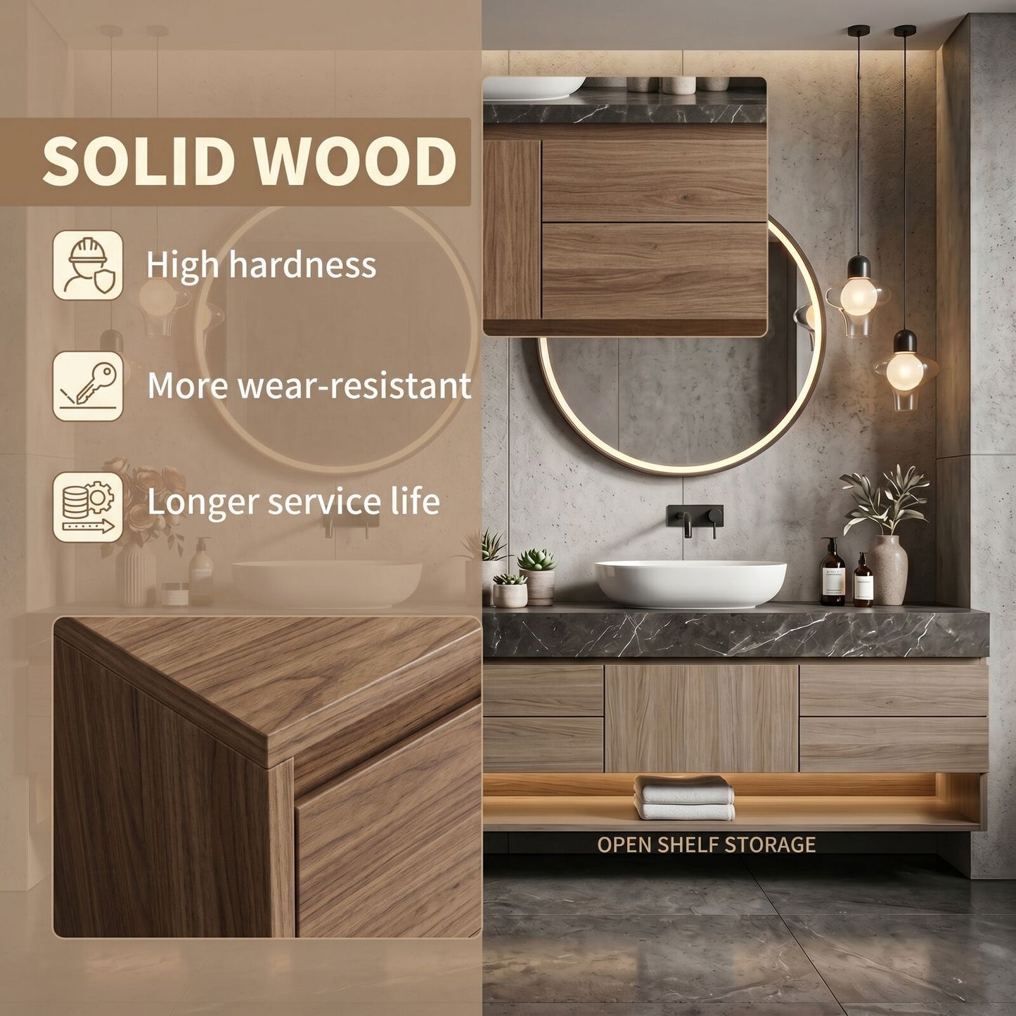 70''-96'' Modern Bathroom Vanity with Sink Dark Stone Floating Open Bottom Storage