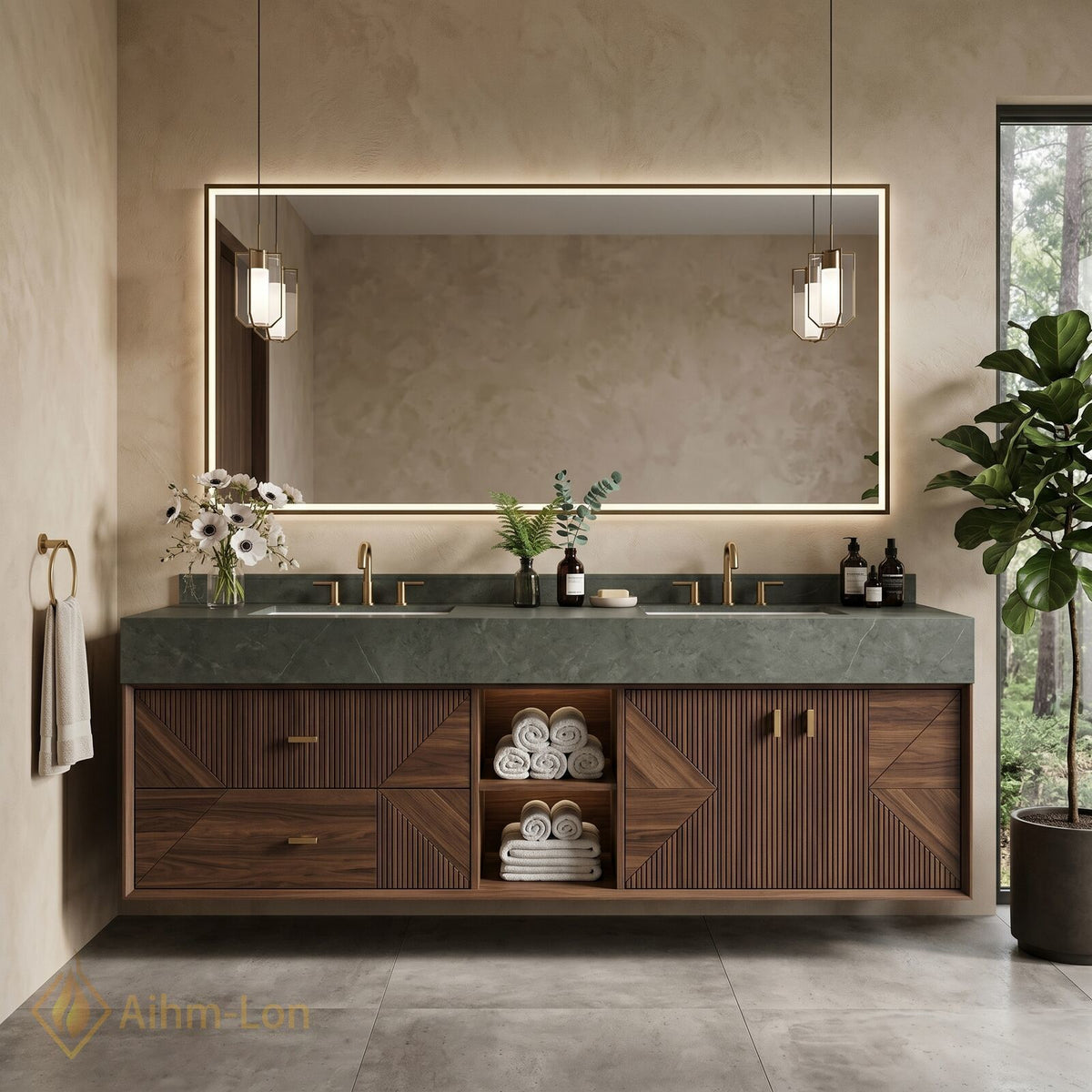 60''-96'' Double Bathroom Vanity with Sink Geometric Slatted Doors Dark Green Stone