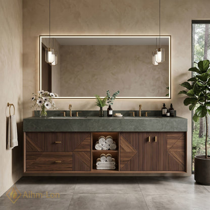 60''-96'' Double Bathroom Vanity with Sink Geometric Slatted Doors Dark Green Stone