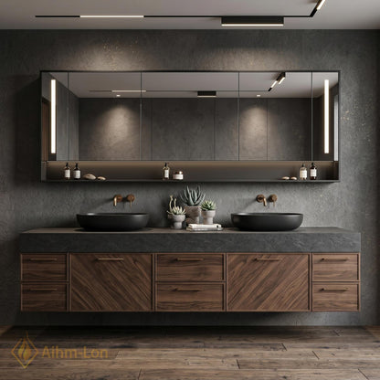 70''-96'' Double Bathroom Vanity with Sink Modern Floating Dark Stone Wood Storage