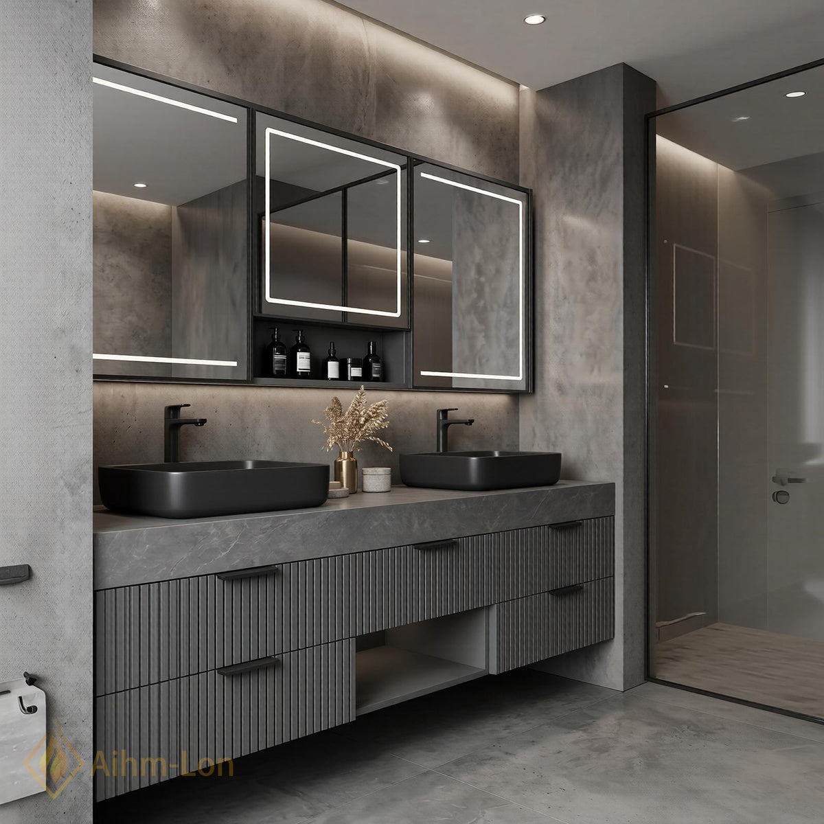 60''-96'' Double Bathroom Vanity with Sink Grey Stone Ribbed Panels Central Shelf